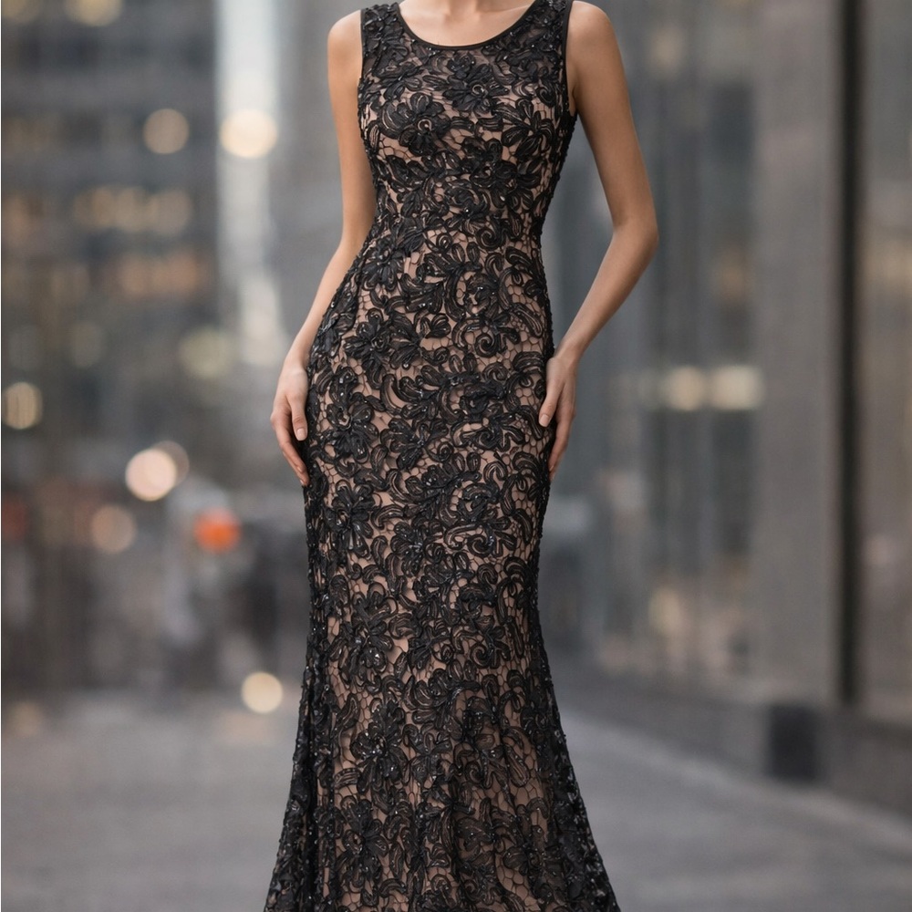 Aspeed Black Lace Maxi Evening Gown